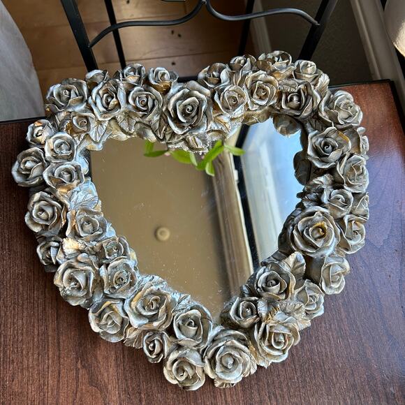 Decorative Silver Rose Mirror Heart Shabby Chic Vanity/Wall Handmade/Handpaint - Picture 2 of 10